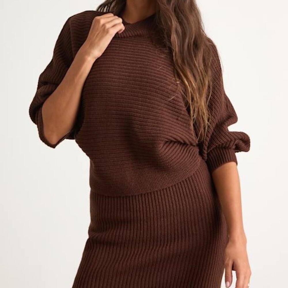 Lulus Toasty Times Brown Long Sleeve Two-piece Sweater Dress - Size L